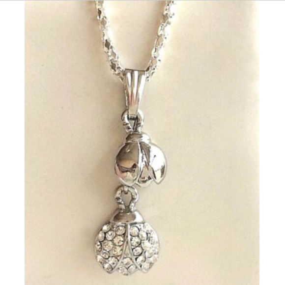 Silver Crystal Ladybug Necklace 20" Insect Mom & Baby Bugs Silver Plated - Picture 5 of 8